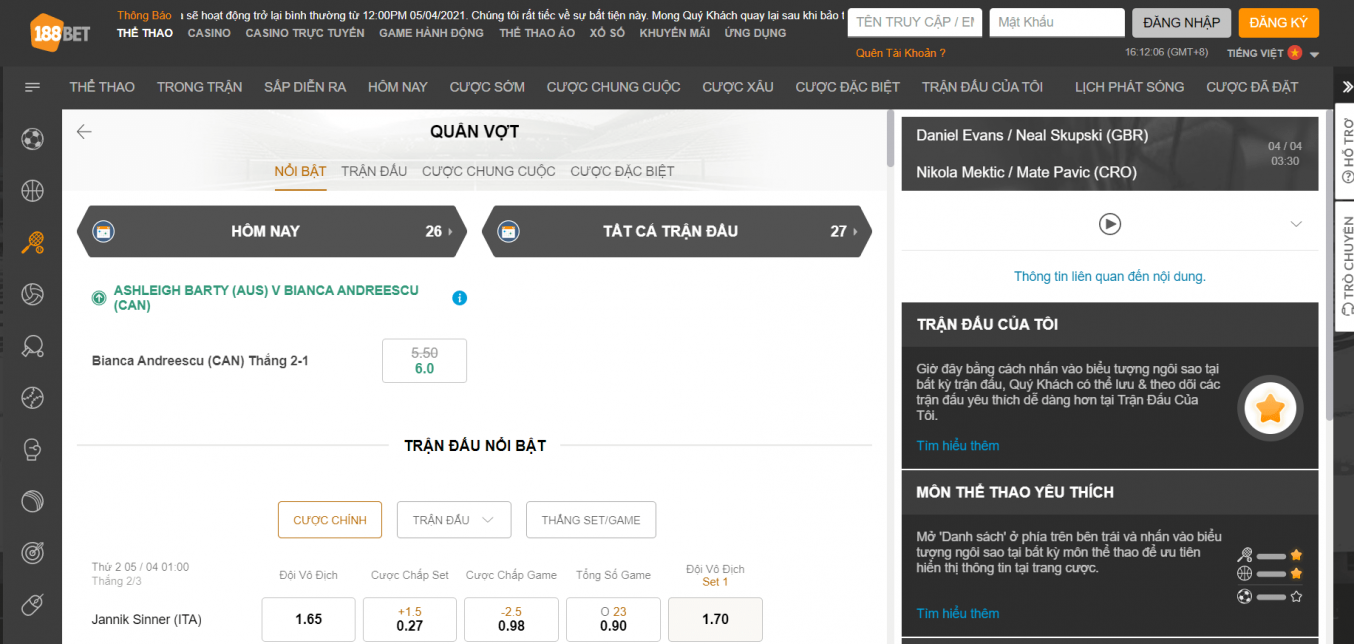 Chia Sẻ Cách Cá Cược Tennis Kèo Winner Tại 188Bet Hiệu Quả