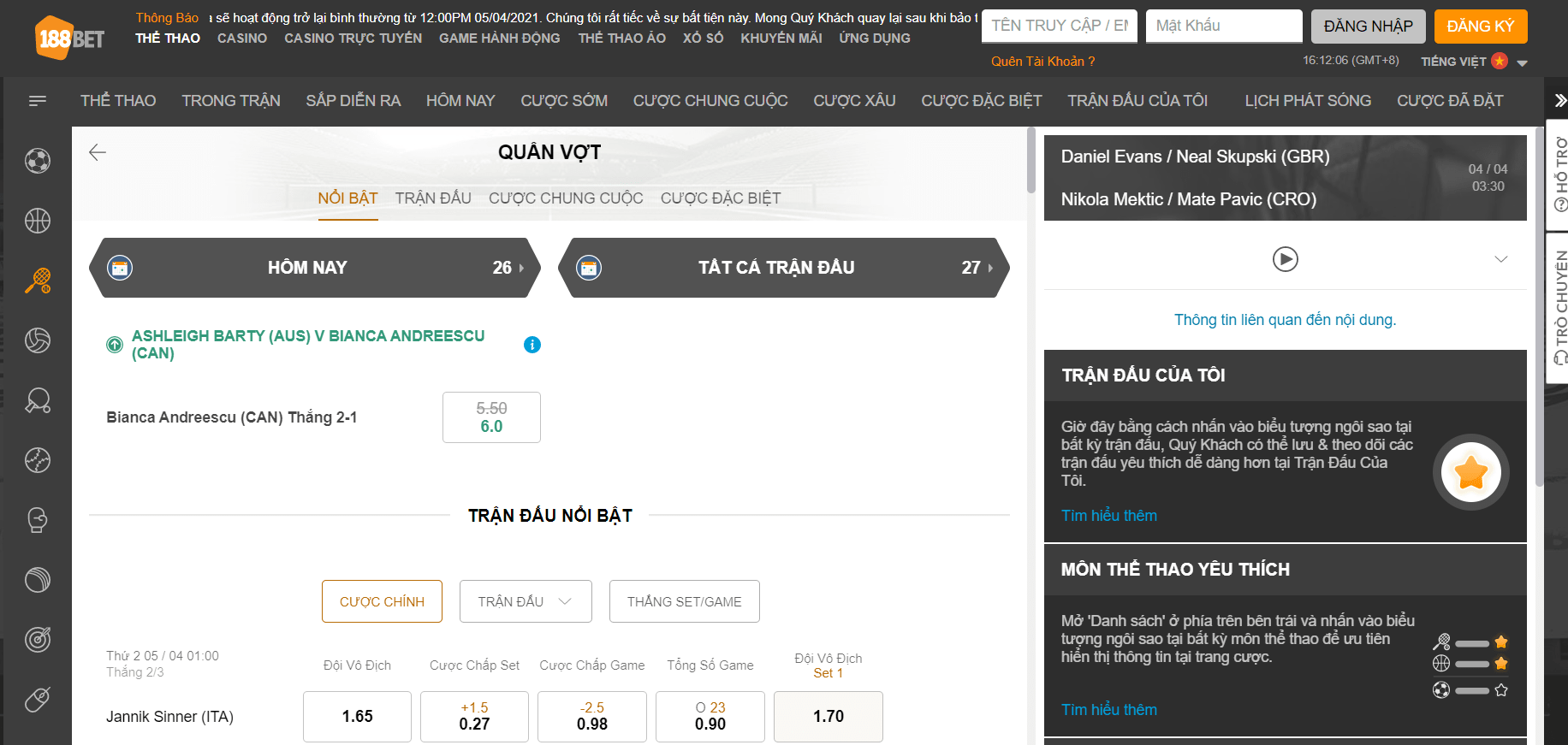 Chia Sẻ Cách Cá Cược Tennis Kèo Winner Tại 188Bet Hiệu Quả