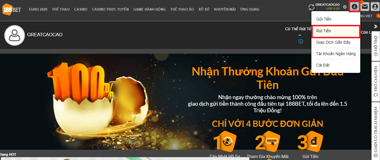 Hướng Dẫn Rút Tiền Tài Khoản 188bet Thành Công 100%