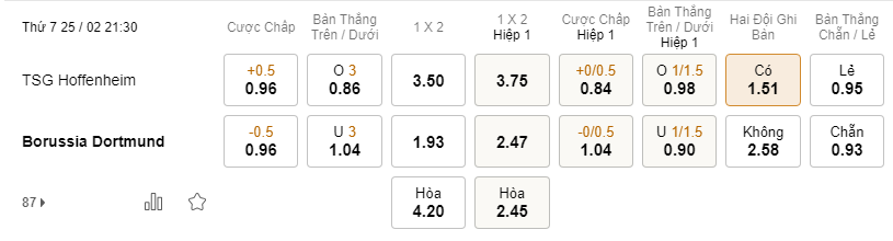 Soi kèo Hoffenheim vs Dortmund lúc 21h30 25/02 - Bundesliga